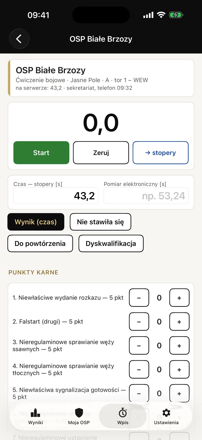 Arkusz ocen — Stoper, czas ze stoperów lub pomiaru elektronicznego i kary.